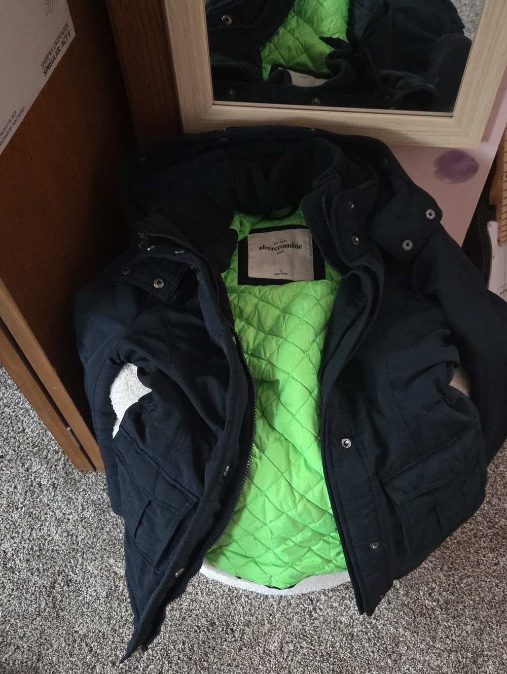 Abercrombie & Fitch girl's Black Field Jacket with Bright Green Quilted Lining